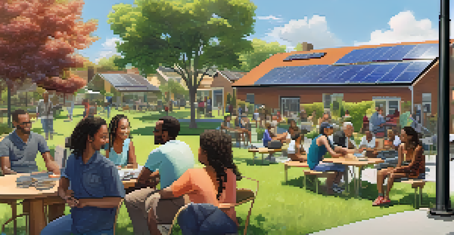 An urban community solar project with diverse residents discussing solar energy, surrounded by greenery and solar panels on rooftops.