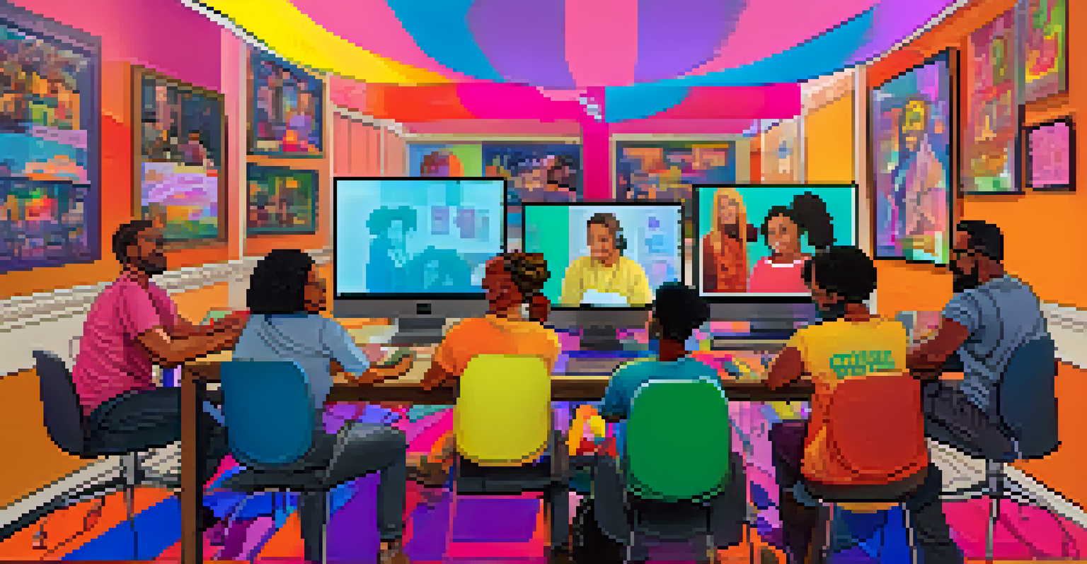 A contemporary scene of diverse LGBTQ+ activists engaged in a virtual meeting, with colorful artwork and decorations in the background, showcasing their commitment to advocacy.