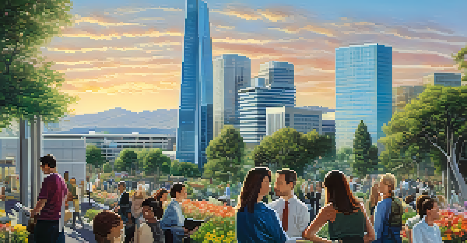 A vibrant image of Silicon Valley showcasing modern buildings and diverse professionals working together outdoors with flowers in the foreground.