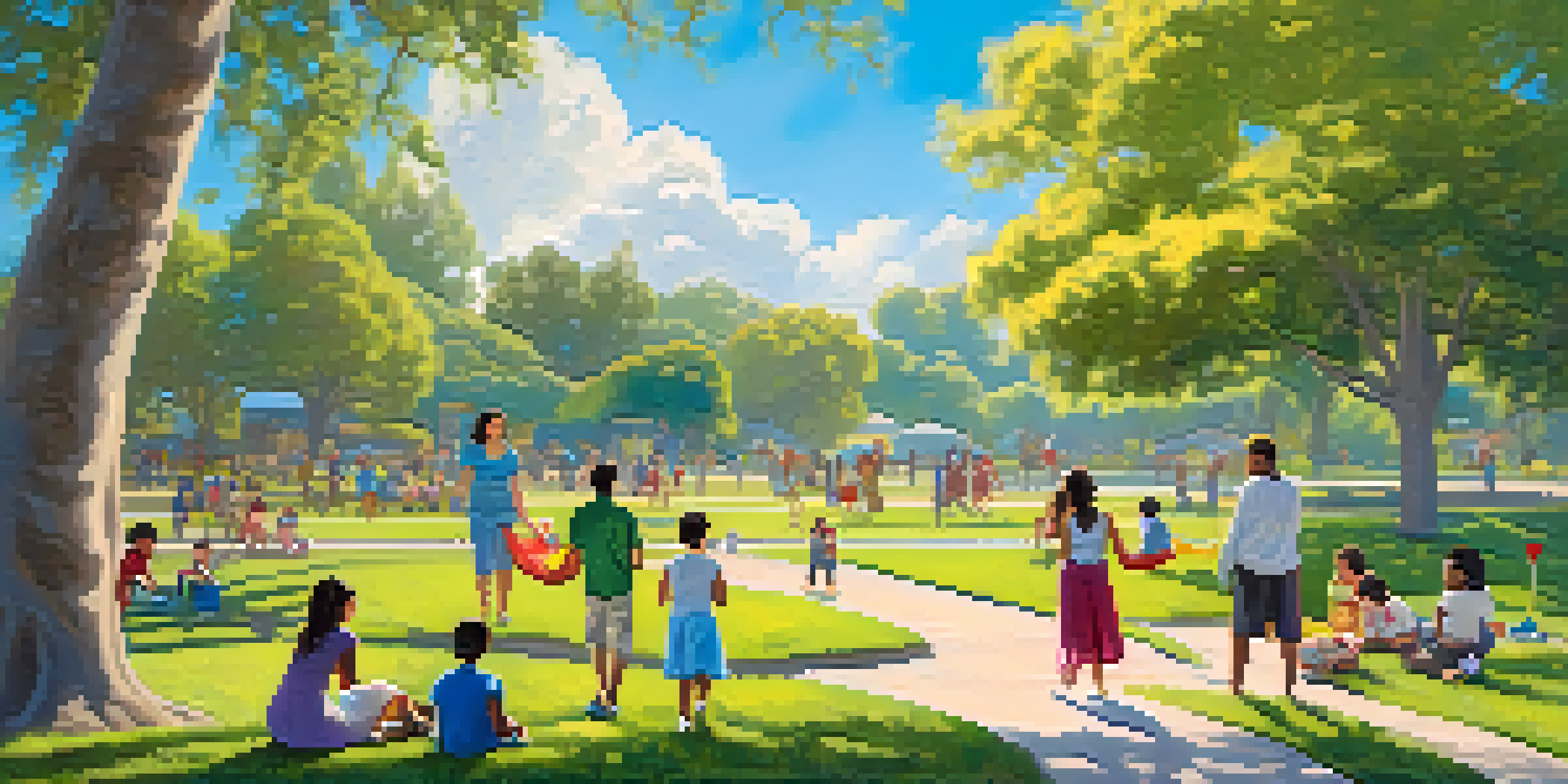 A vibrant California park scene with families of different ethnicities enjoying a sunny day, surrounded by greenery and flowers.