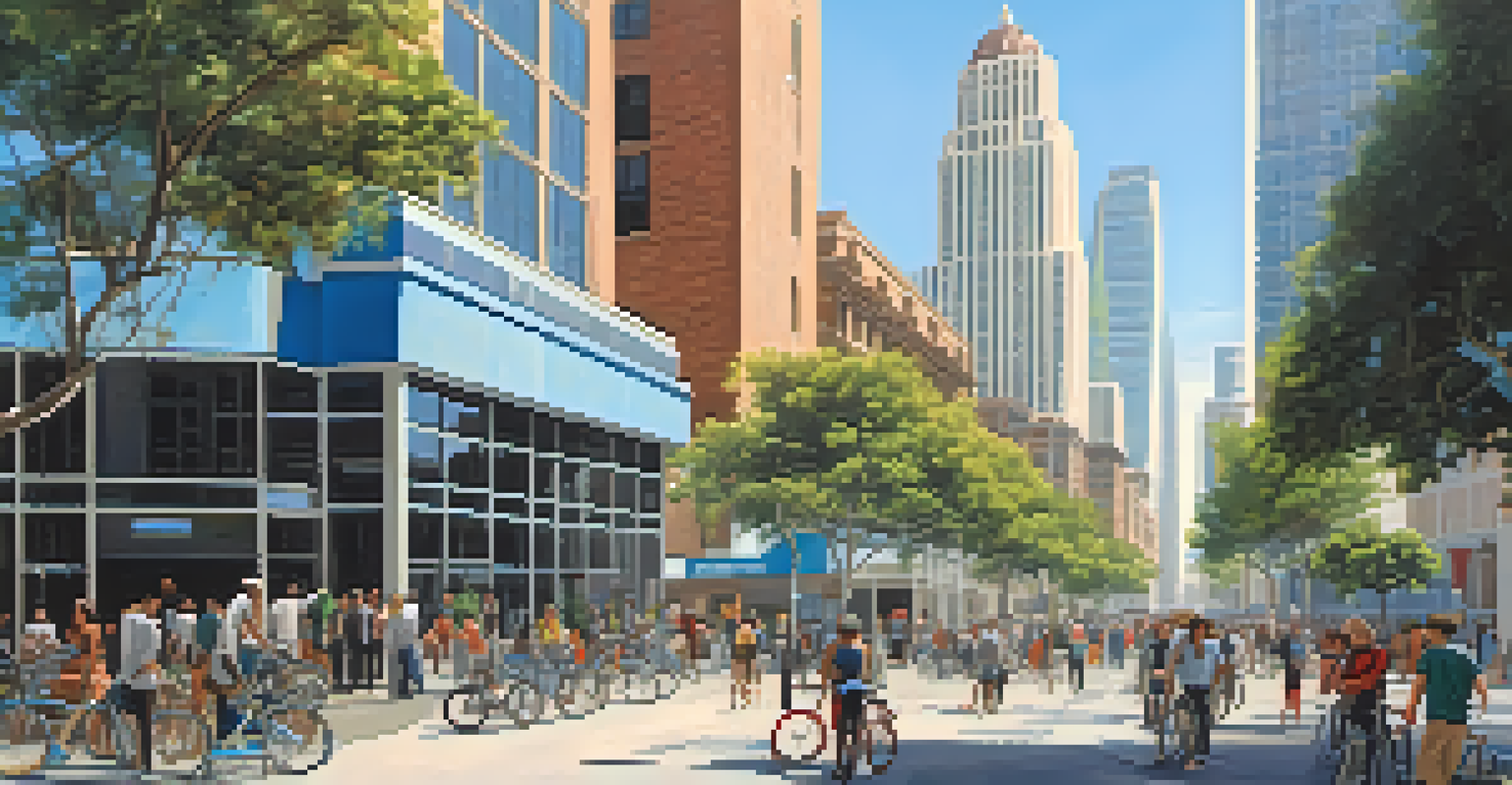 A cityscape of California with skyscrapers and people practicing sustainability.