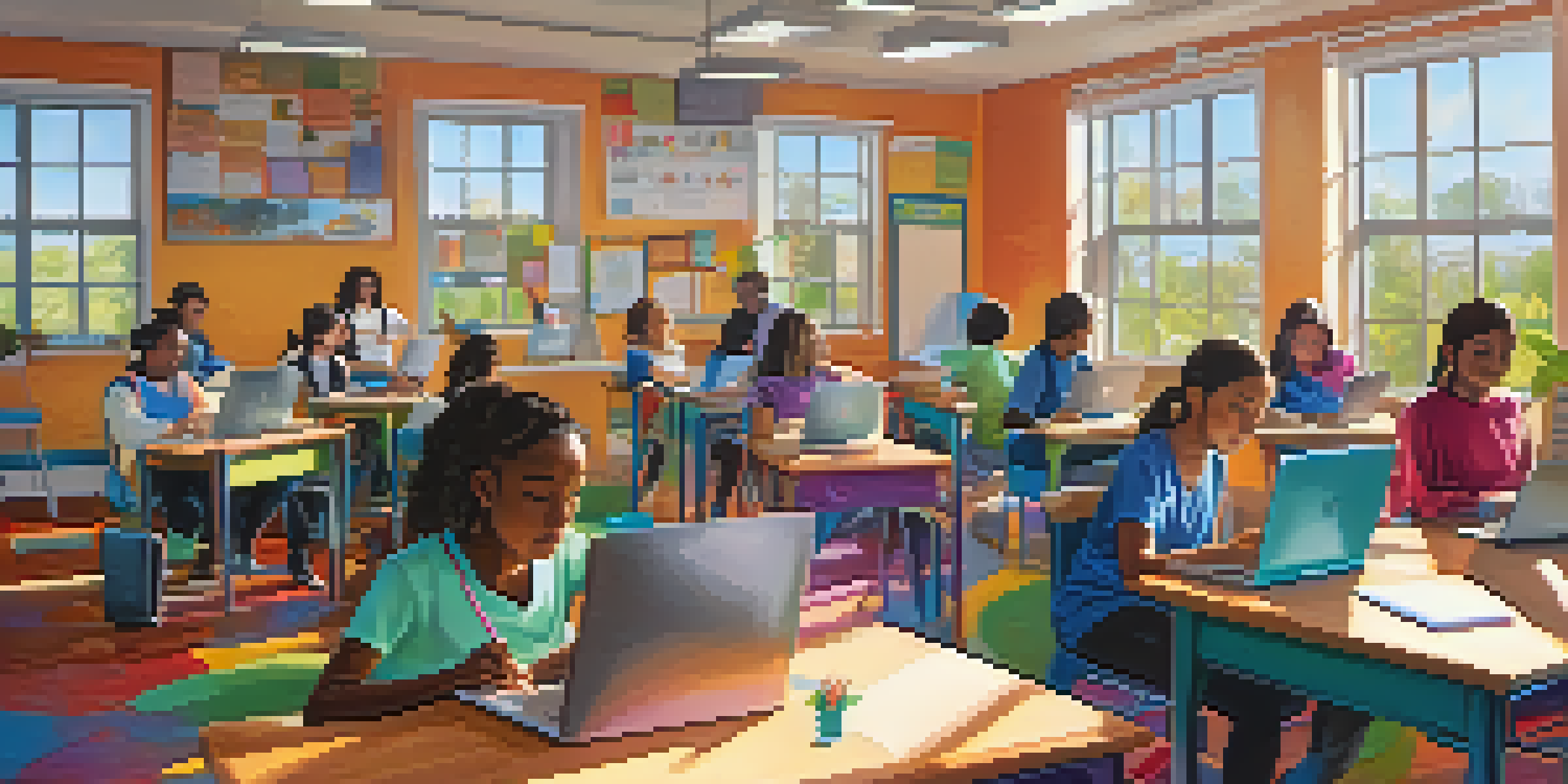 A lively classroom with diverse students using laptops and working together, surrounded by colorful learning materials and bright sunlight coming through the window.