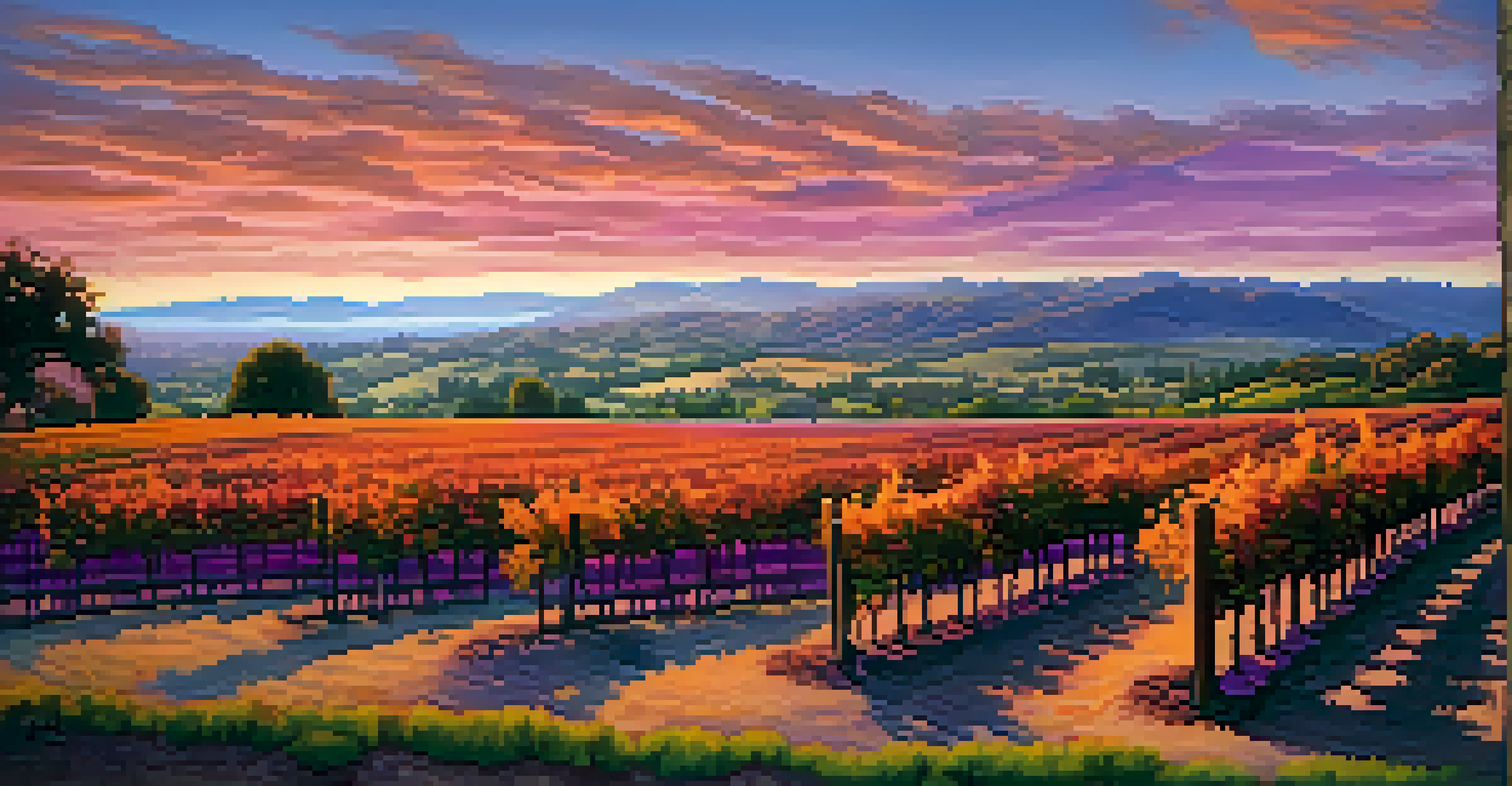 A beautiful sunset over Napa Valley with rolling hills and vineyards, featuring a rustic wooden sign.