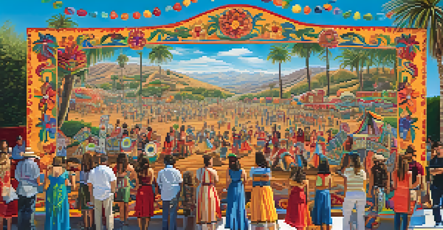 A mural showcasing California's cultural festivals, with people admiring it surrounded by palm trees and a clear blue sky.