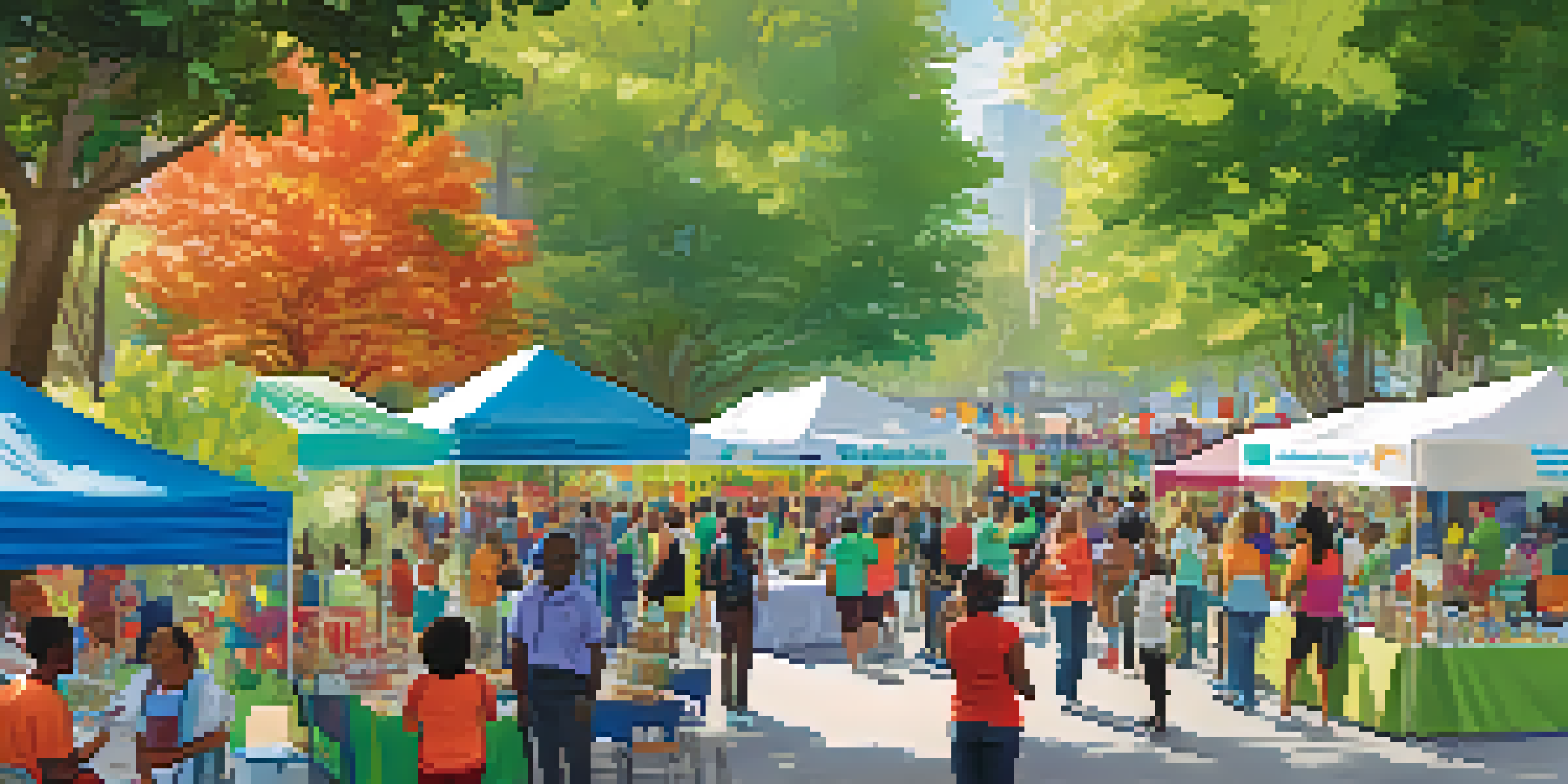 A community health fair in a sunny park with diverse people engaging in health activities and colorful booths.