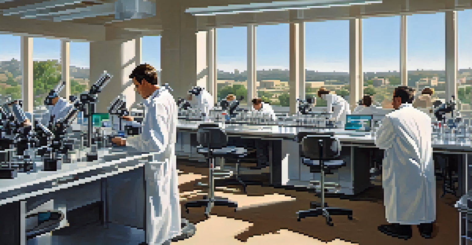 Inside a modern laboratory at the Salk Institute with researchers in lab coats working with microscopes and advanced equipment.