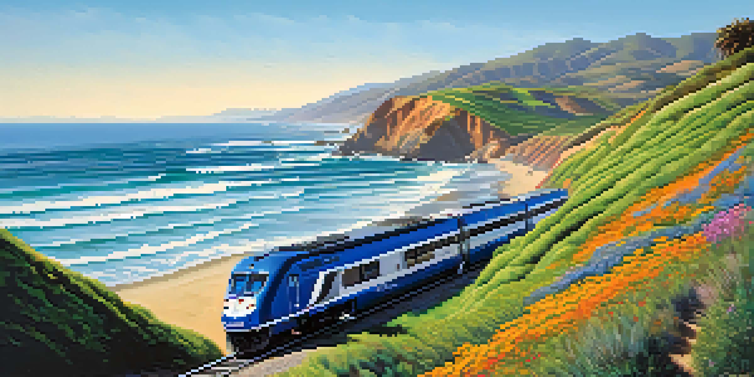 A colorful train on the Pacific Surfliner route alongside a beautiful coastline with ocean waves and green hills under a clear blue sky.
