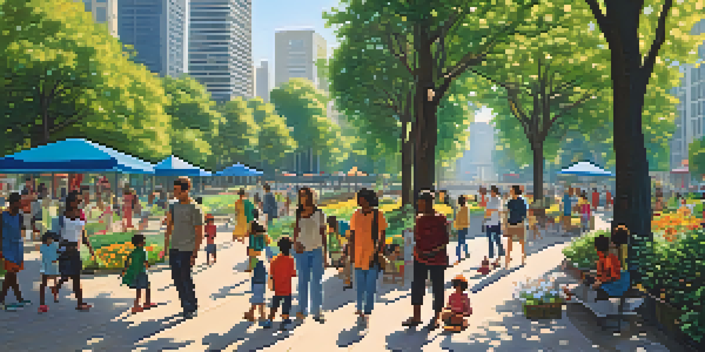A lively urban park with diverse groups of people, green trees, colorful flowers, and skyscrapers in the background.