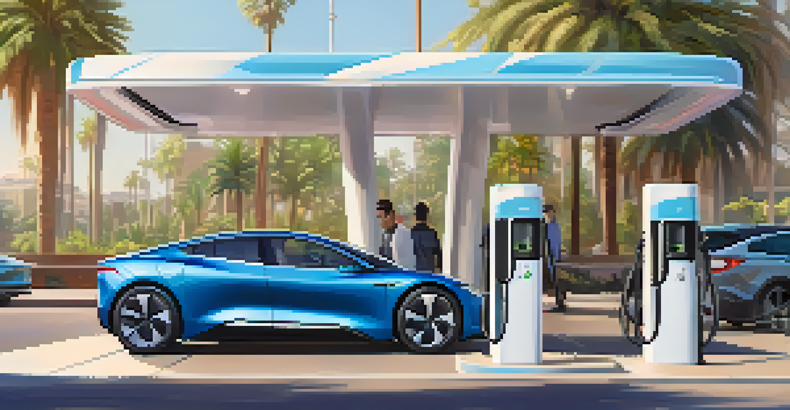A detailed view of a stylish electric vehicle charging station on a busy California street with pedestrians and palm trees in the background.
