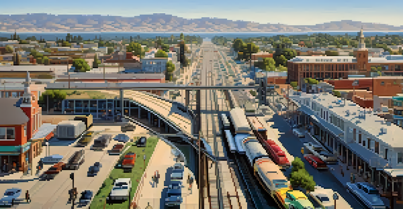 An aerial view of a California city showing historic railroad tracks and modern highways, highlighting the urban environment.