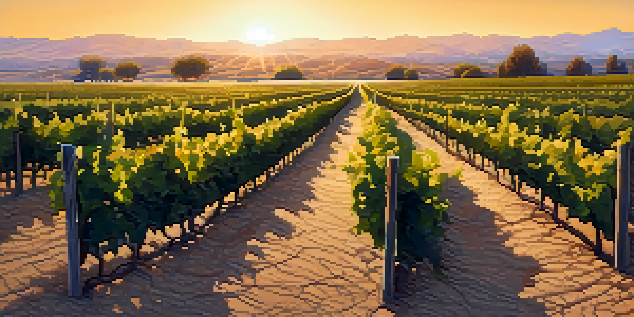 A drought-affected California vineyard with wilting grapevines and dry soil, illuminated by a warm sunset.