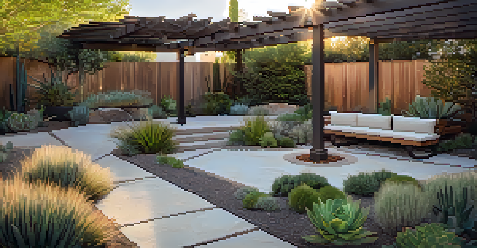 A patio with hardscaping elements surrounded by drought-resistant plants.