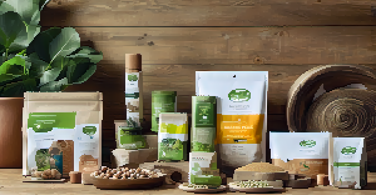 A collection of eco-friendly pet products including toys and food packaging on a rustic wooden table surrounded by greenery.