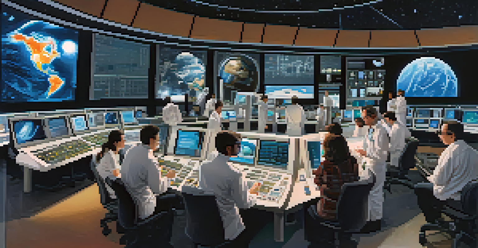 A diverse group of scientists and engineers working together around a control panel with screens showing space missions.
