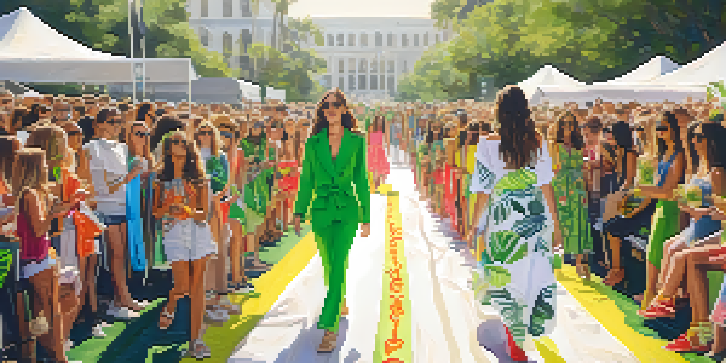 California youth participating in an outdoor fashion show with sustainable clothing, surrounded by greenery and sunlight.