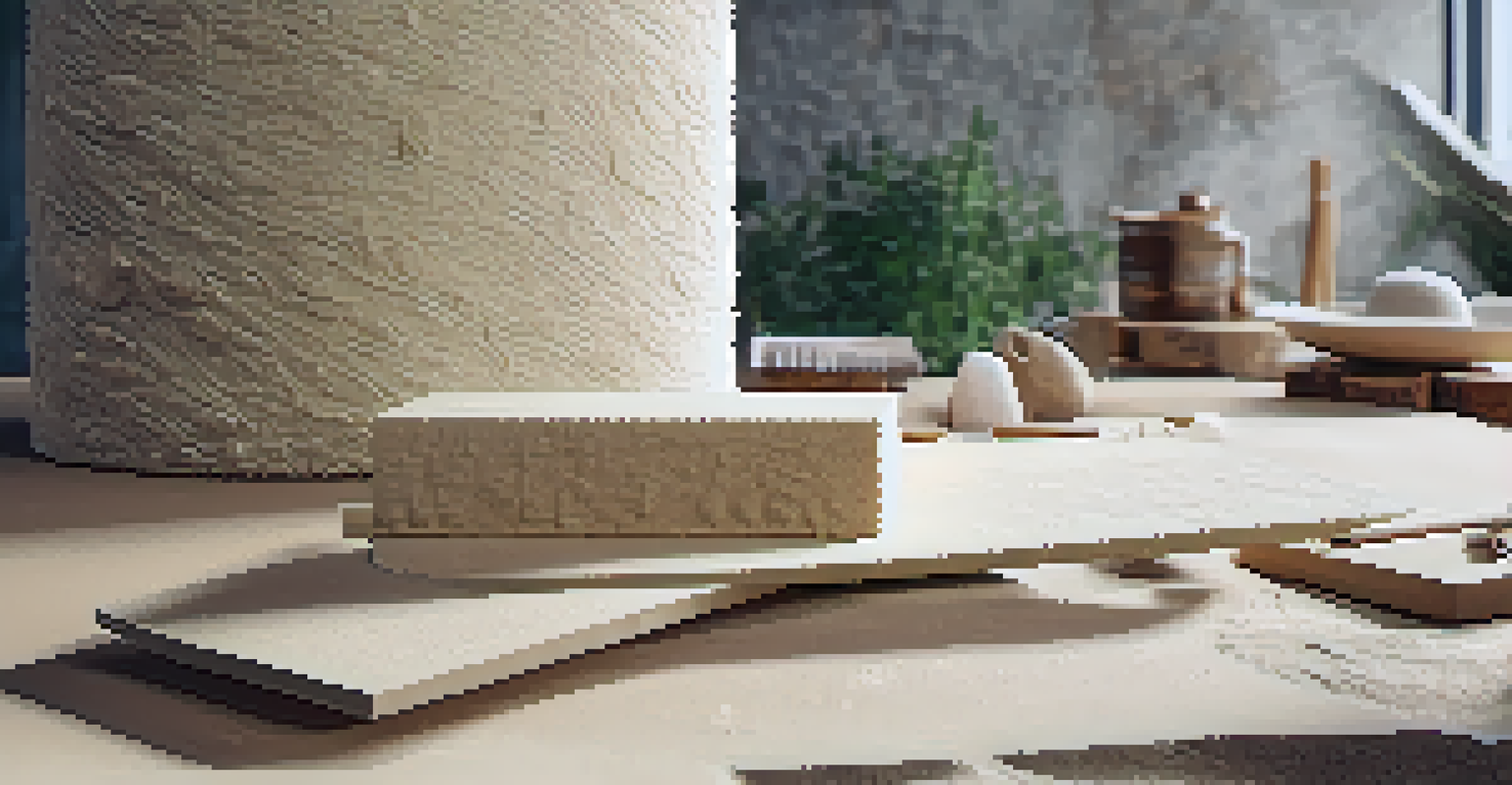 A close-up of innovative sustainable building materials like mycelium and hempcrete, with tools and a blueprint in the background.