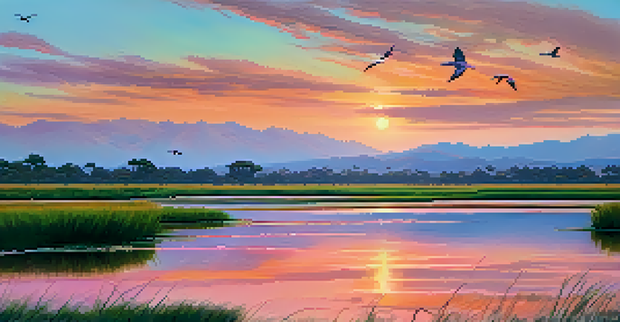 A picturesque California coastal wetland during sunset with birds in flight and colorful reflections on the water.
