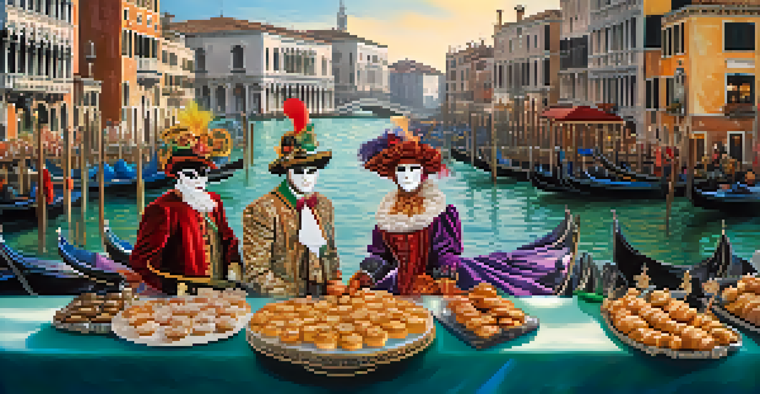Participants in festive costumes and masks at Carnevale di Venezia with canals in the background, capturing the magical atmosphere.