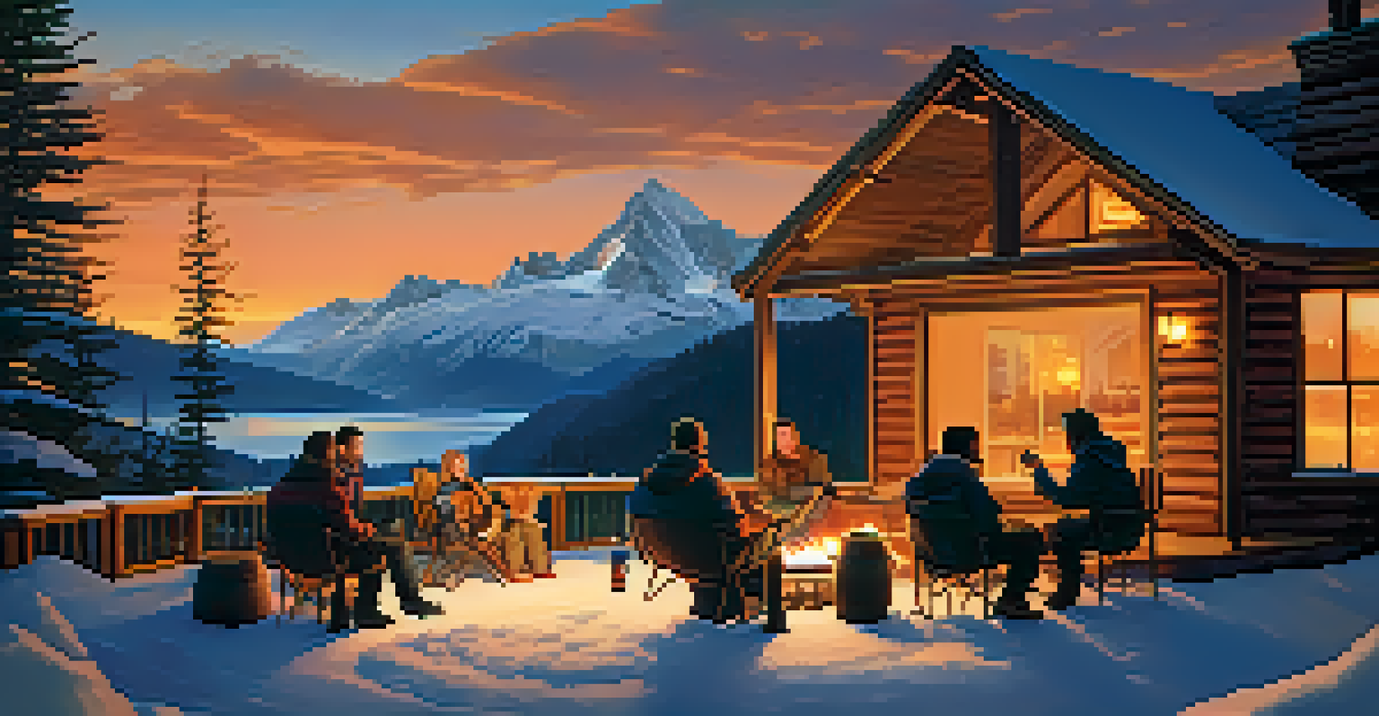 A cozy mountain lodge at sunset with warm lights. Friends gather around a fire pit, enjoying hot drinks with snowy mountains in the background.