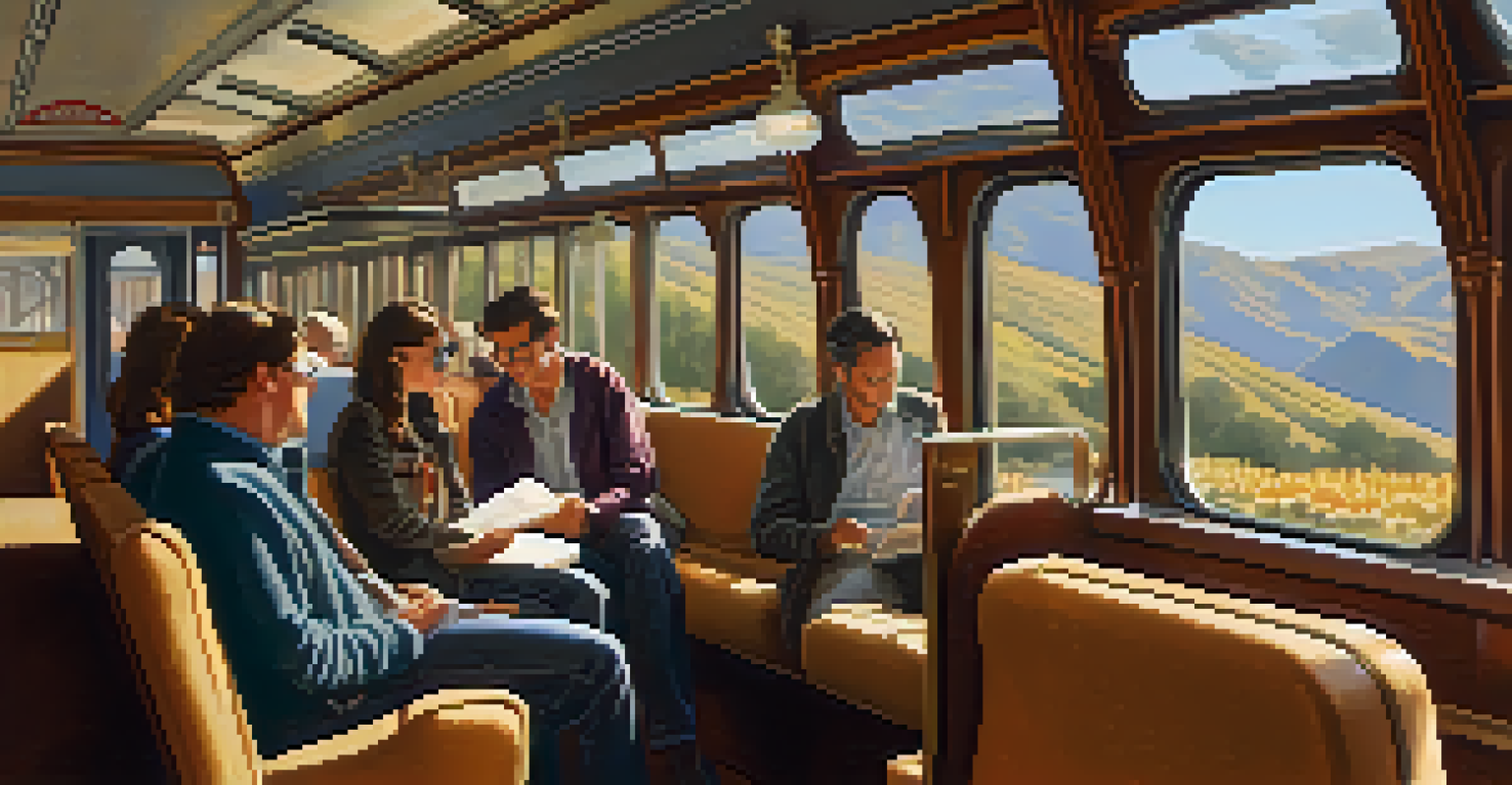 A cozy interior of a train carriage with passengers relaxing and looking out the windows at scenic landscapes.