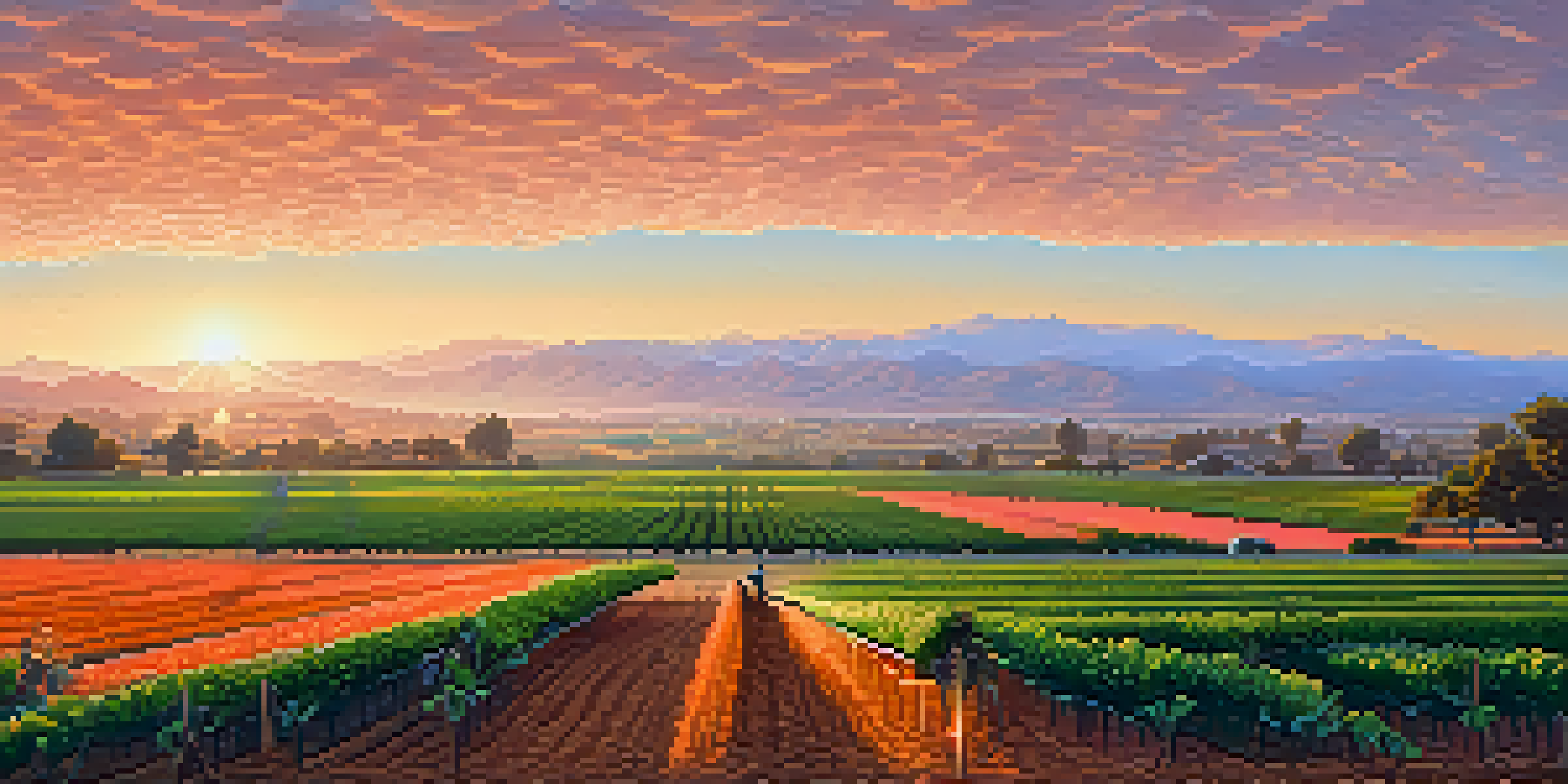 A panoramic view of California's agricultural landscape at sunrise, with green crops, fruit orchards, and mountains in the background, and a farmer inspecting the plants.