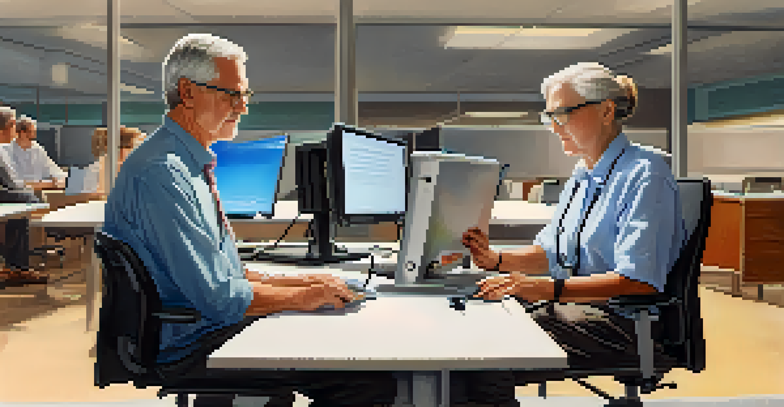 An older worker using a tablet in an ergonomic office, with a supportive coworker nearby, highlighting technology integration.