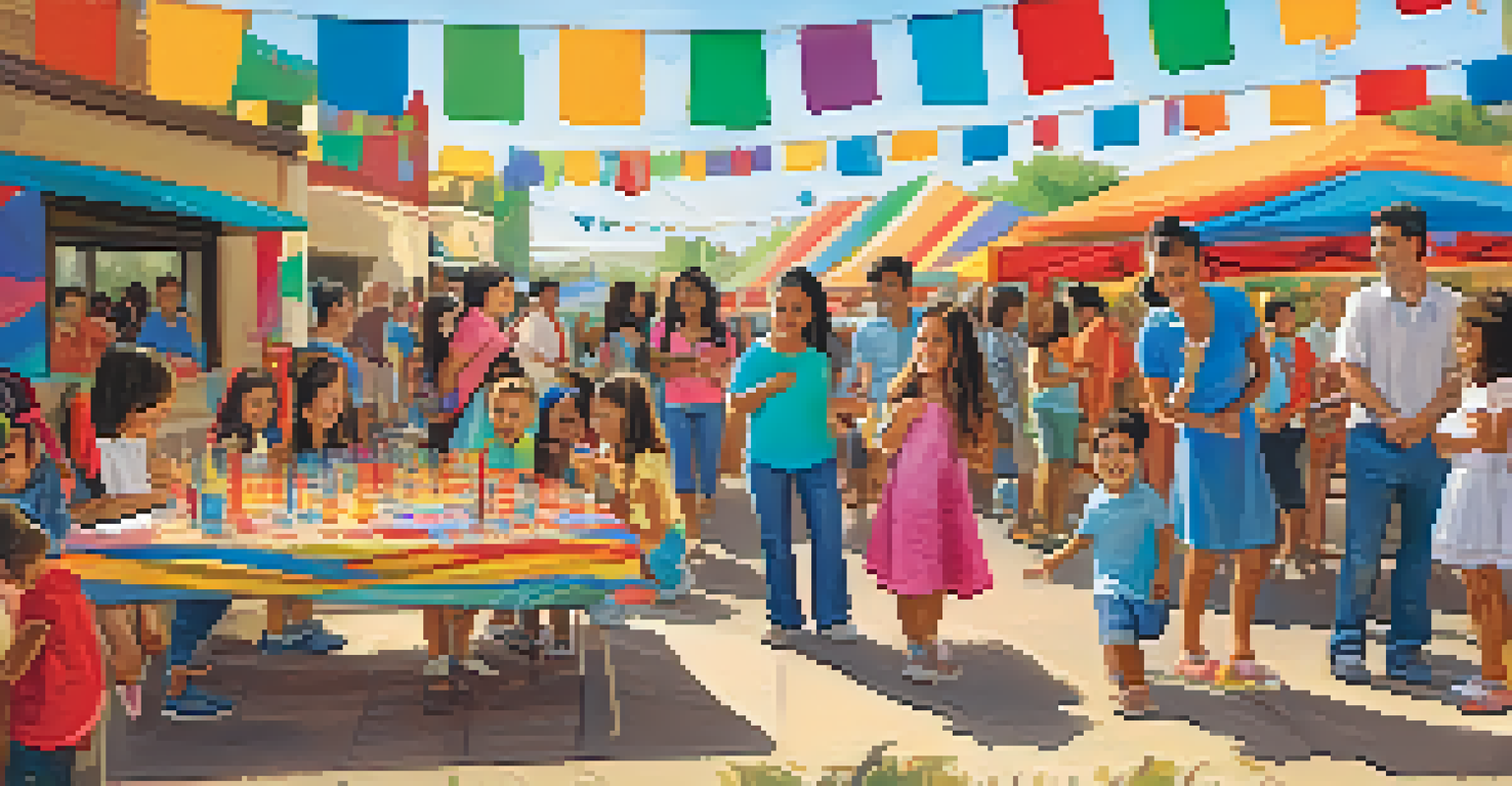A family-friendly area at a Hispanic heritage festival, with children enjoying face painting and traditional games, surrounded by colorful decorations.