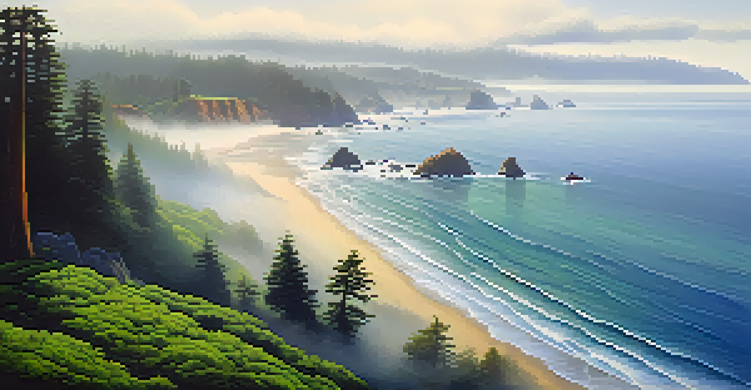 Aerial view of coastal redwoods in fog with ocean waves, showcasing the cool coastal microclimate.