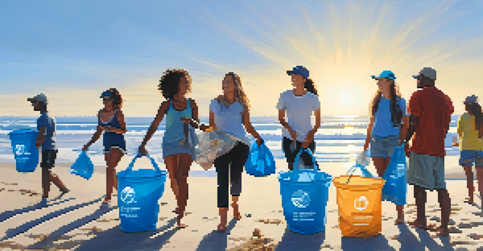 A diverse group of individuals participating in a beach cleanup, collecting trash with the ocean in the background.