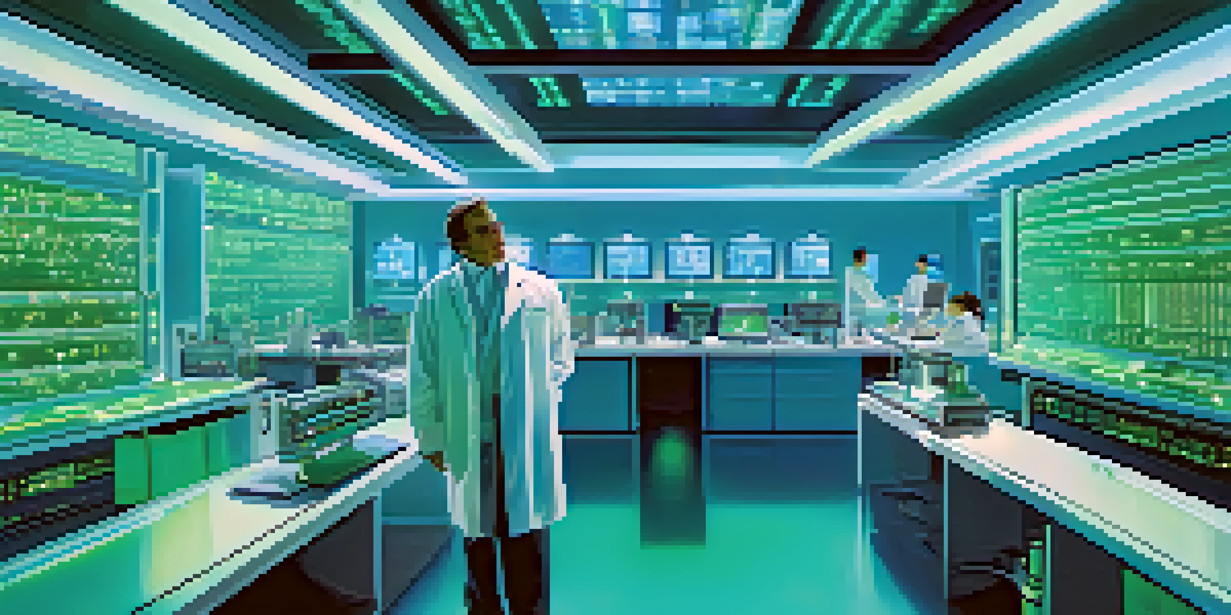 A futuristic laboratory with advanced quantum computers, glowing qubits, and researchers collaborating over holographic displays.