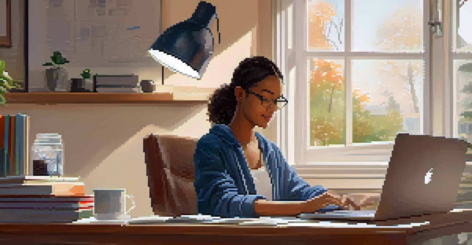 A student at home engaged in an online tech course, surrounded by books and a cozy atmosphere.