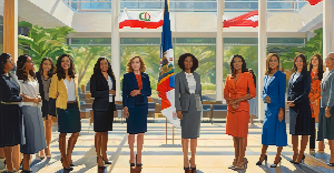A diverse group of women in professional attire standing in a government building, exuding confidence and empowerment.