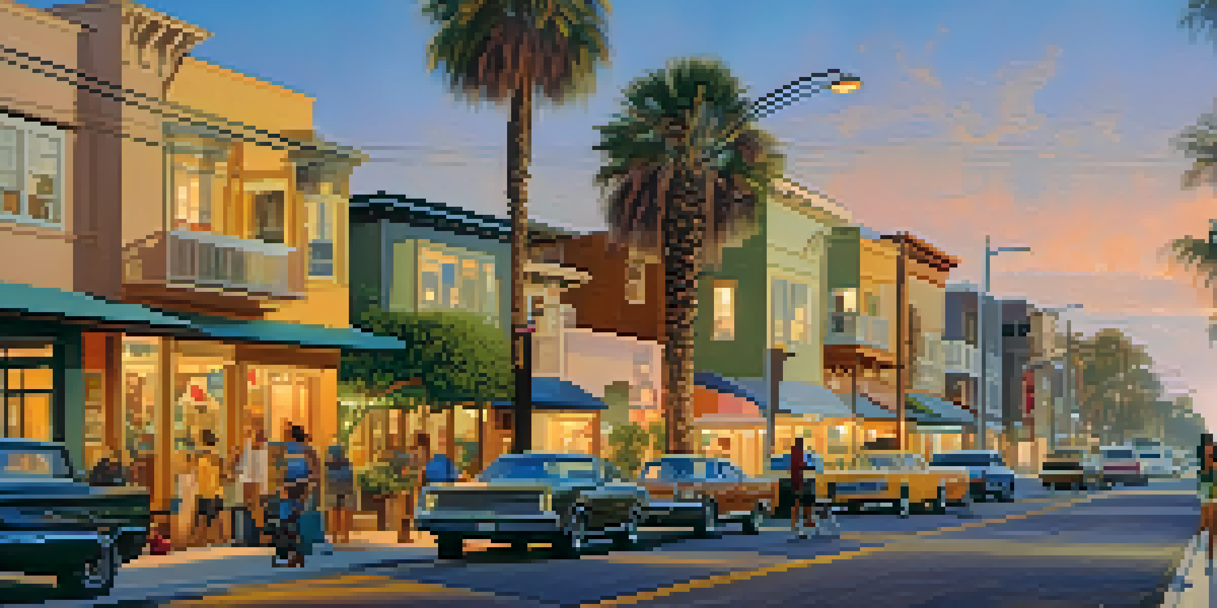 A vibrant California street scene with various housing styles and palm trees, illuminated by a warm sunset glow.