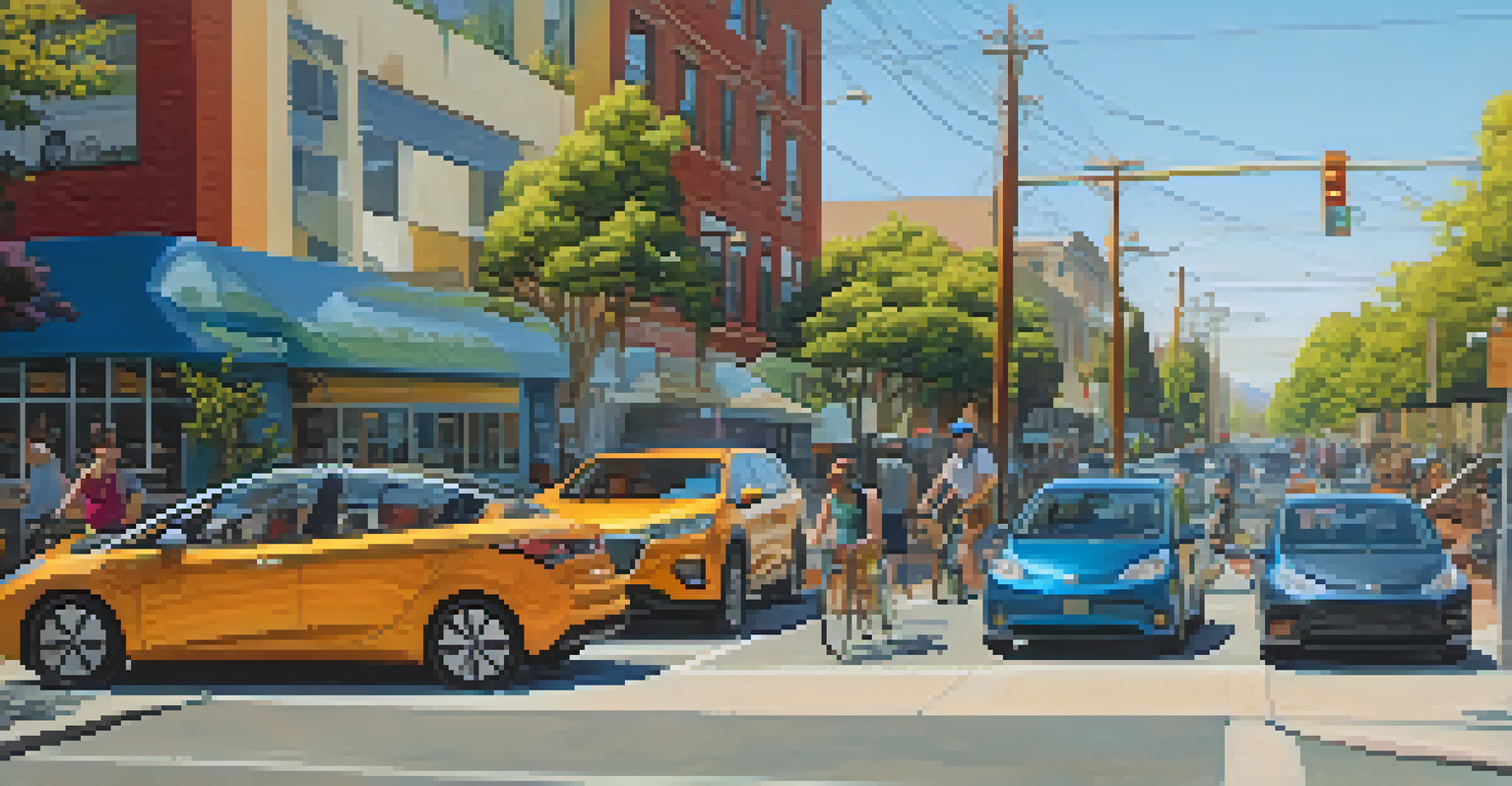 An urban street scene in California with electric vehicles, cyclists, pedestrians, and colorful murals on buildings.