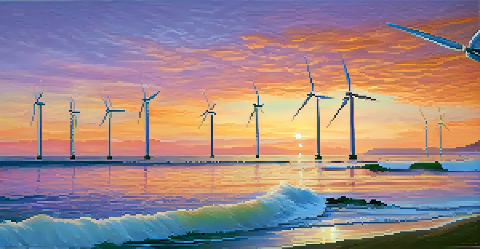 A scenic view of a coastal wind farm with wind turbines and a vibrant sunset over the ocean.