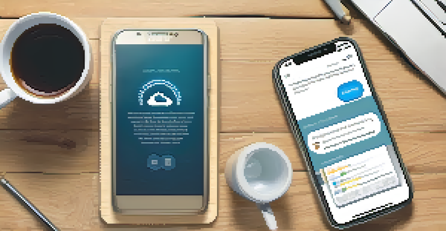 A close-up of a smartphone with a mental health app on a wooden table, alongside a notebook and a cup of tea in warm lighting.