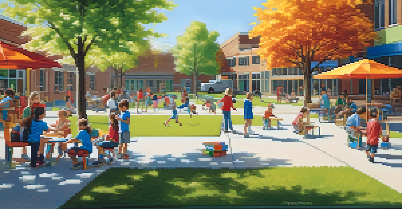 Children playing and learning in a sunny schoolyard with trees and playground equipment.