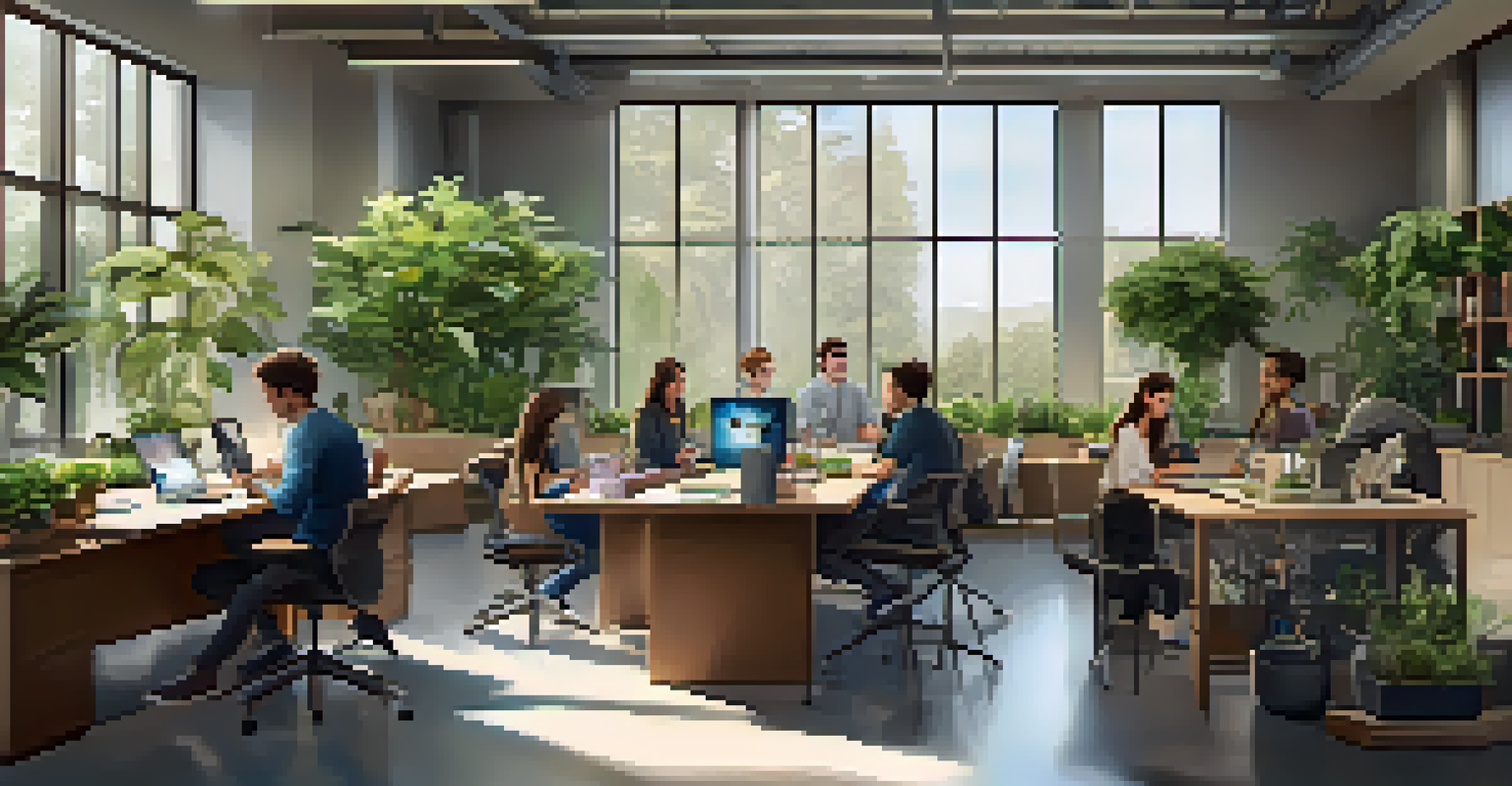 A modern collaborative workspace in Silicon Valley with professionals brainstorming, surrounded by plants and natural light.