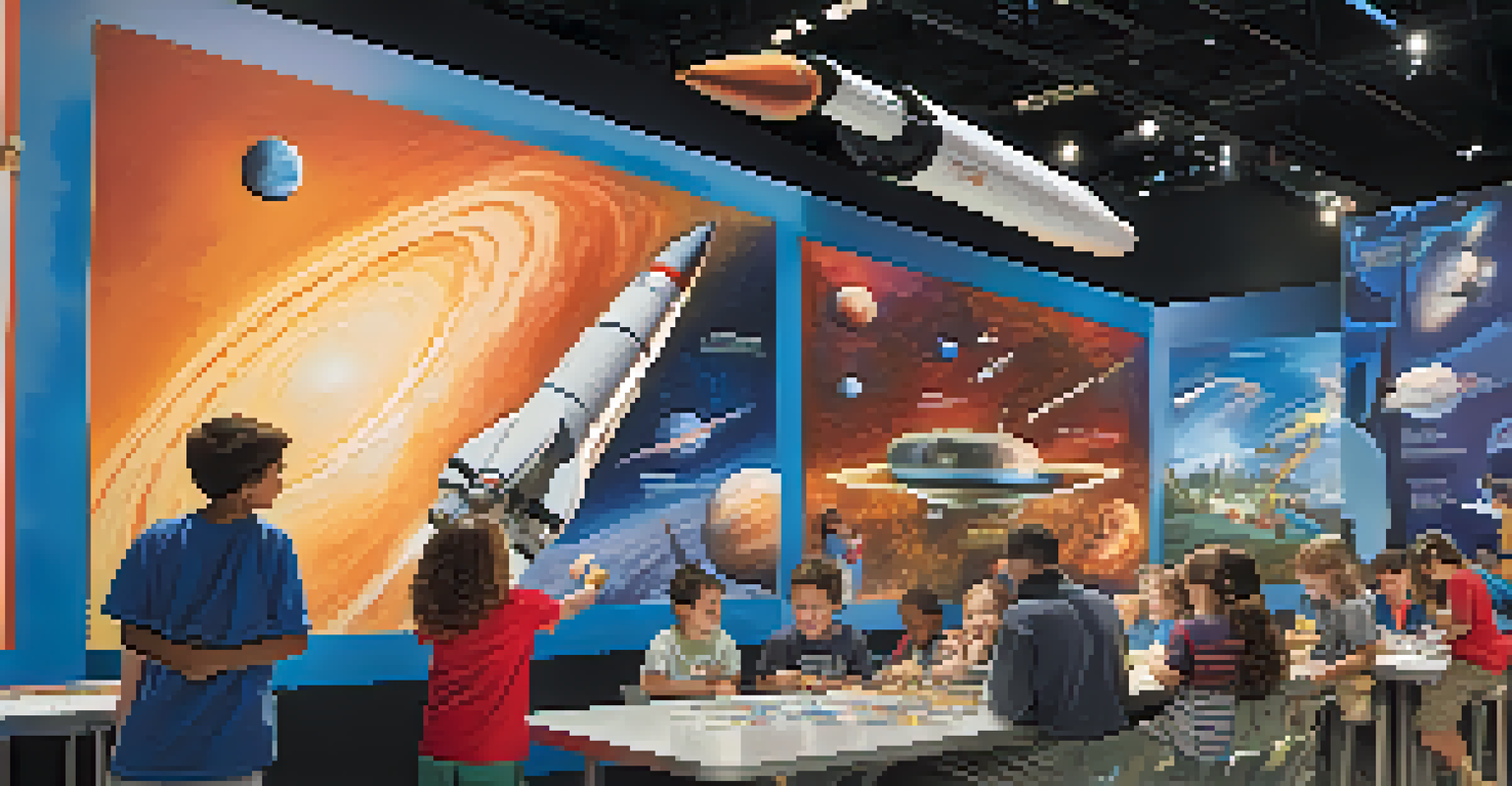 A community event at the California Science Center with families engaging in space exhibits and activities, surrounded by displays of spacecraft.