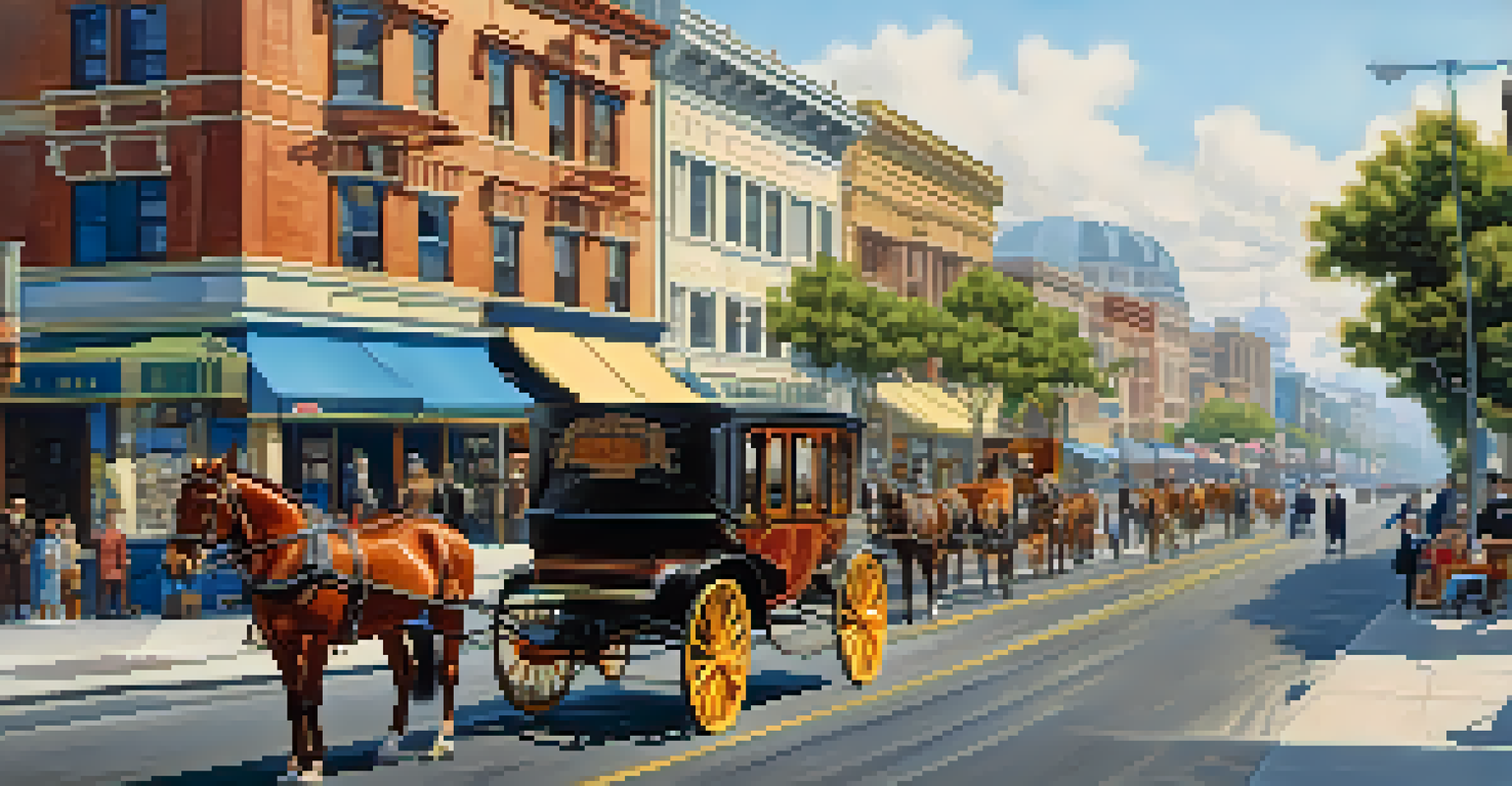 A vibrant early 1900s California city street with shops, pedestrians, and horse-drawn carriages.