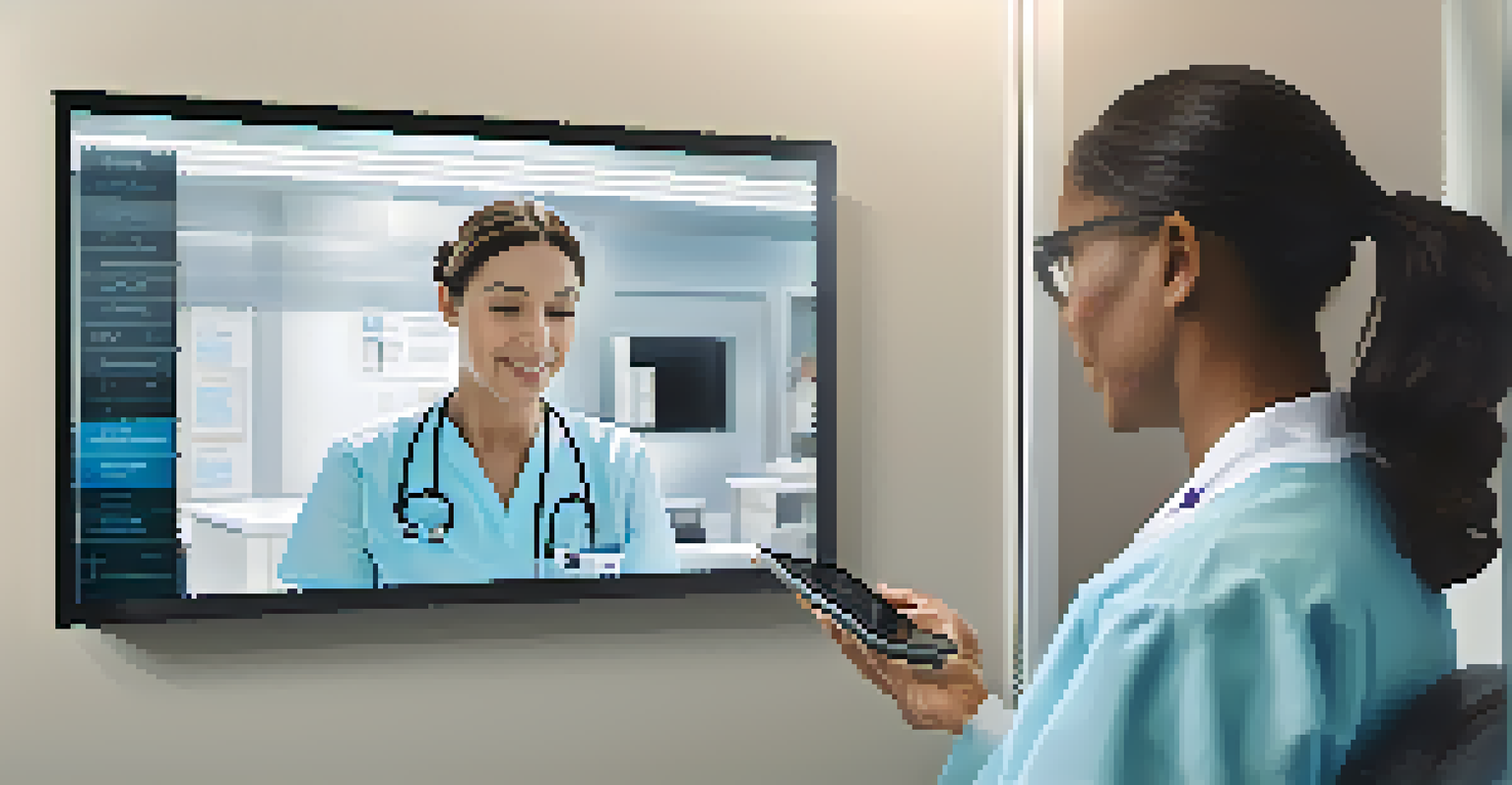 A healthcare professional using a tablet for a remote consultation in a modern medical office.