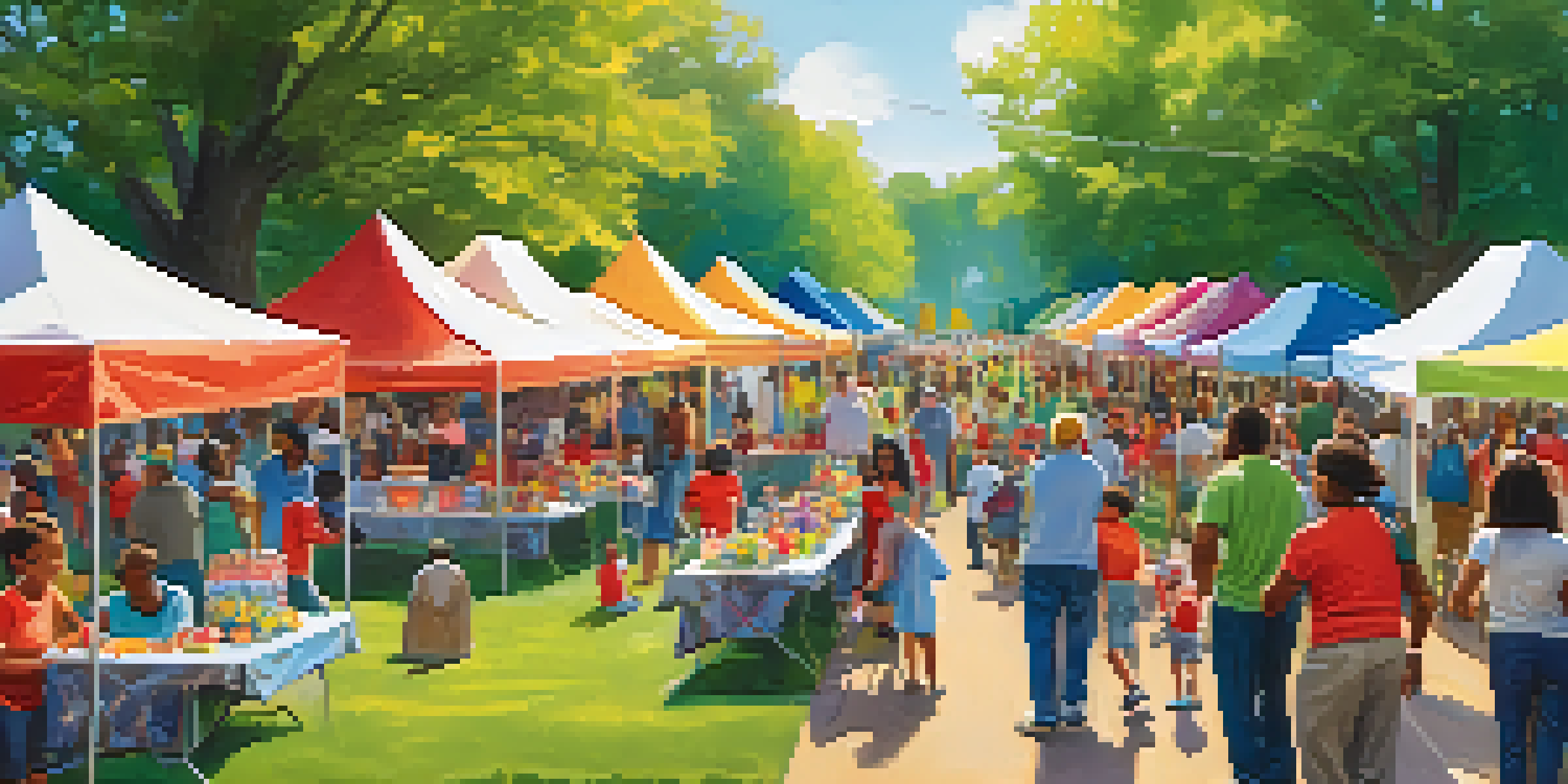 A lively community event in a park with diverse people engaging in activities, colorful banners, and volunteers assisting children.