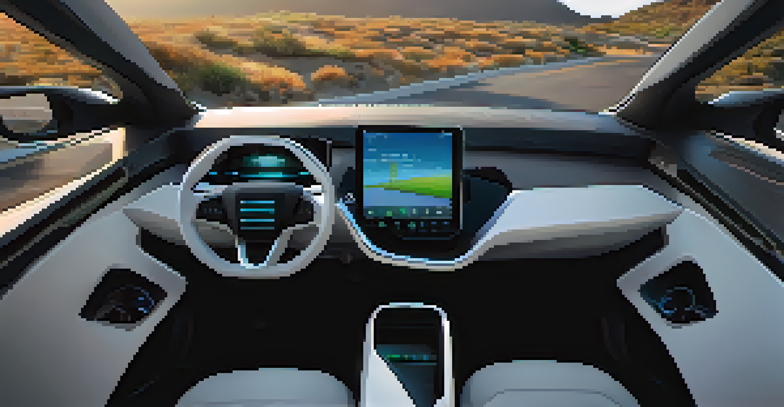 Close-up of a high-tech electric vehicle dashboard with a scenic coastal view outside the window.