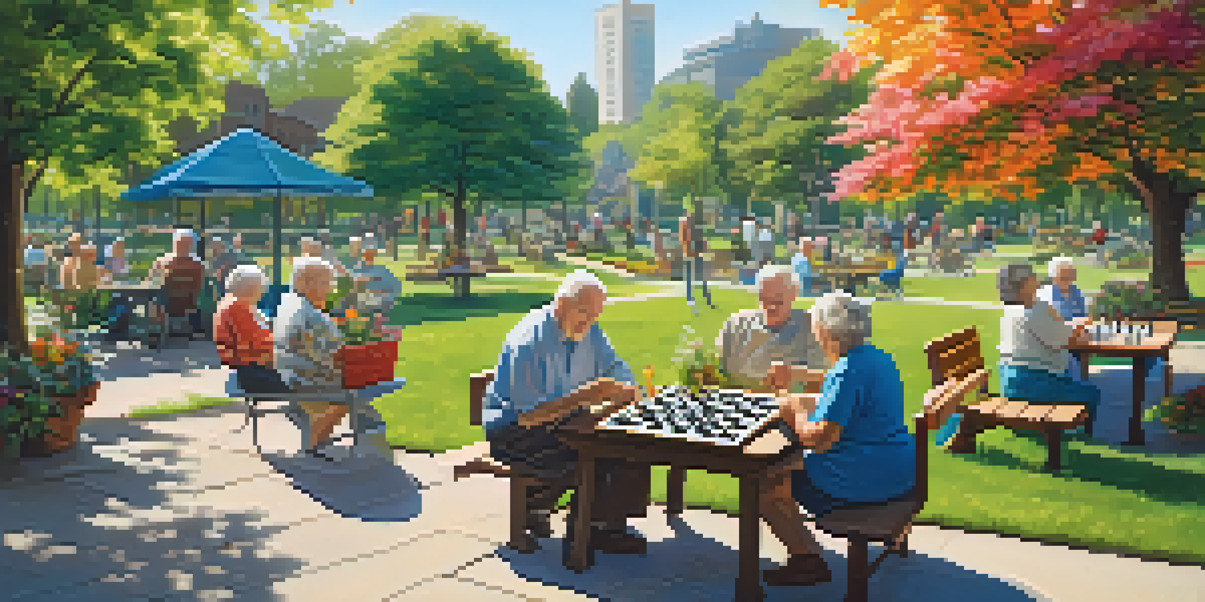 A lively park with seniors participating in activities like gardening and chess, surrounded by greenery and sunshine.