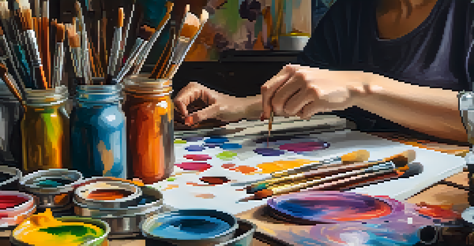 A close-up of an artist's hands painting on a canvas, surrounded by art supplies in a creative workspace.