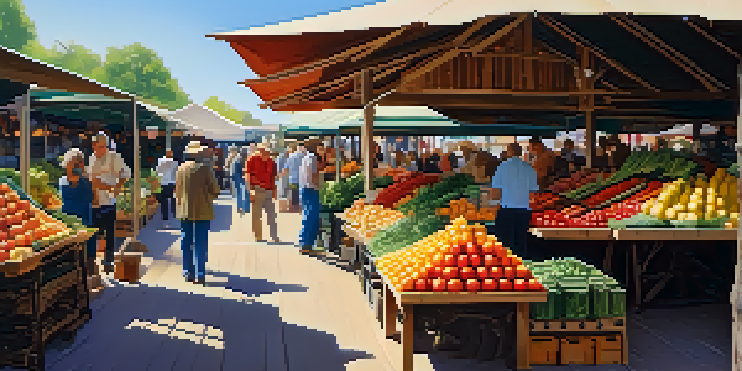A bustling farmers' market filled with colorful fruits and vegetables, with farmers interacting with customers under a sunny canopy.