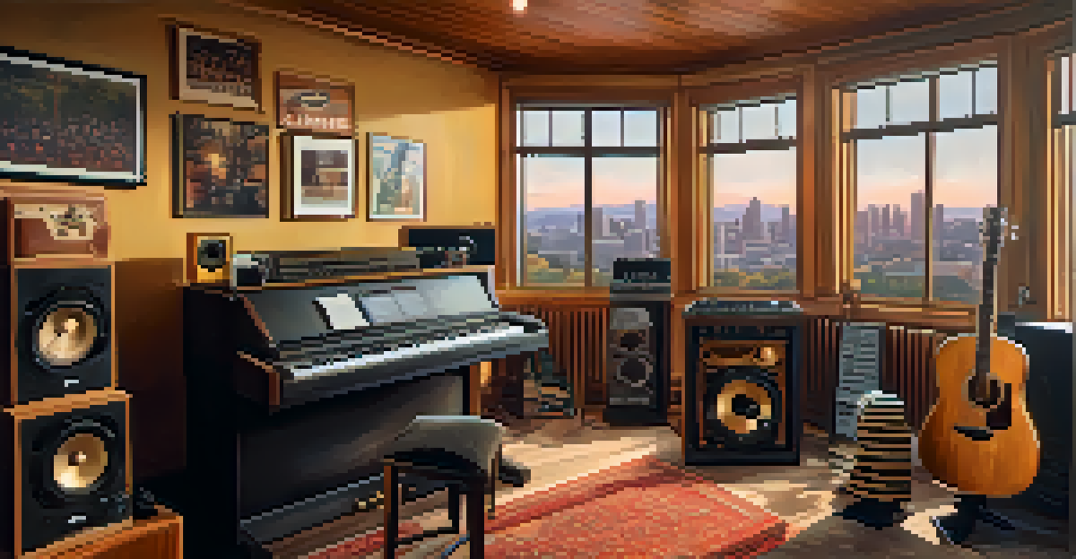 A charming recording studio filled with musical instruments and sound equipment, with a view of the California skyline.