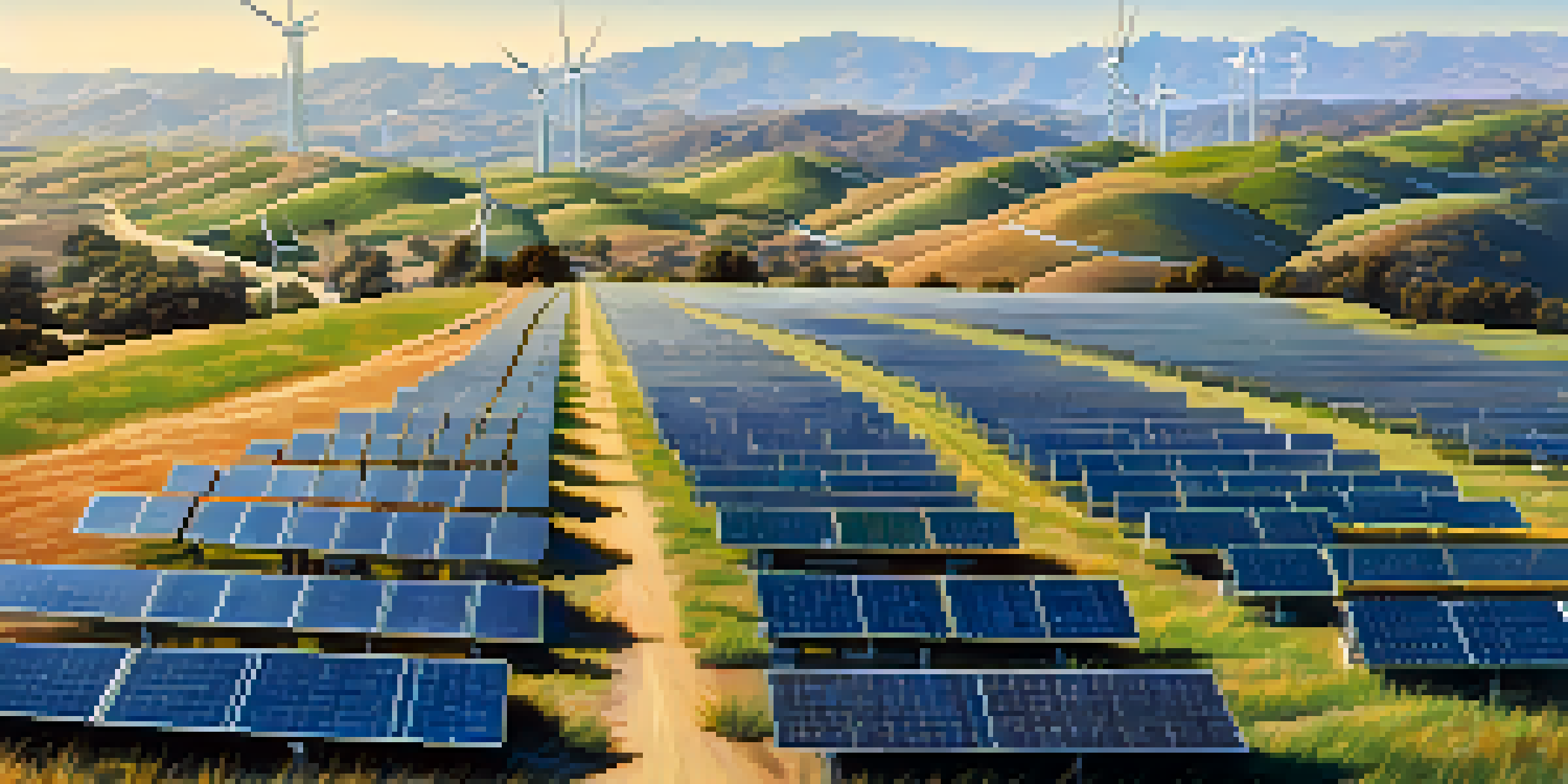 A scenic California landscape featuring solar panels and wind turbines under a blue sky.