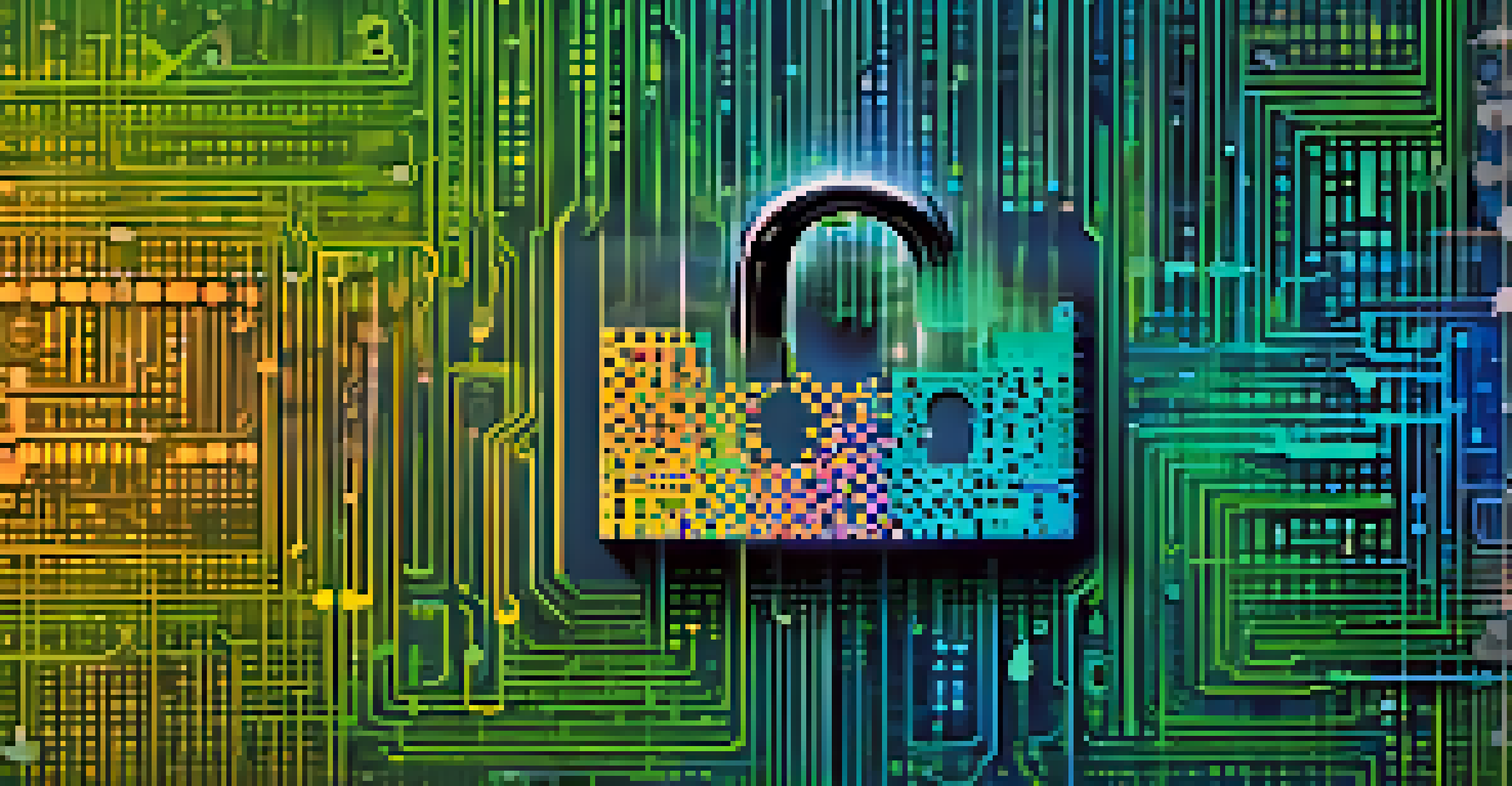 An artistic representation of data privacy with a digital lock and flowing binary code on a blue-green gradient background.