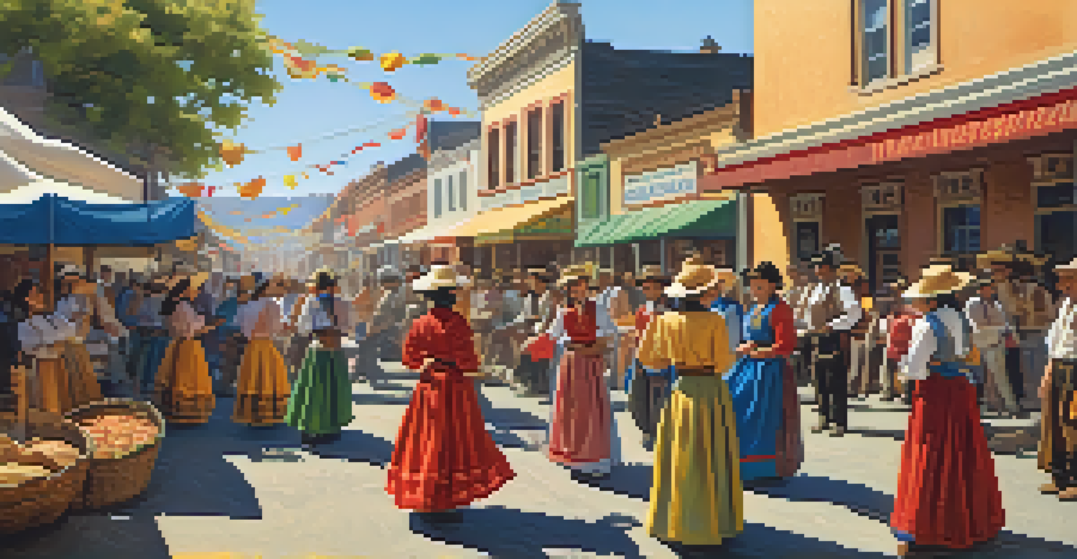 A lively cultural festival in a California town during the Gold Rush, with diverse groups in traditional clothing, sharing food and dancing under colorful decorations.